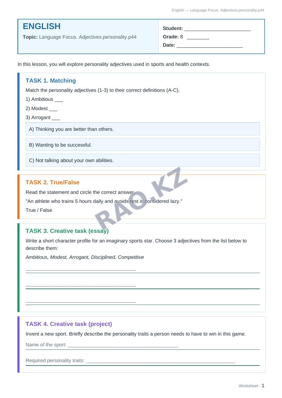 Worksheet English Grade 8 Term 2: Language Focus. Adjectives.personality.p44
