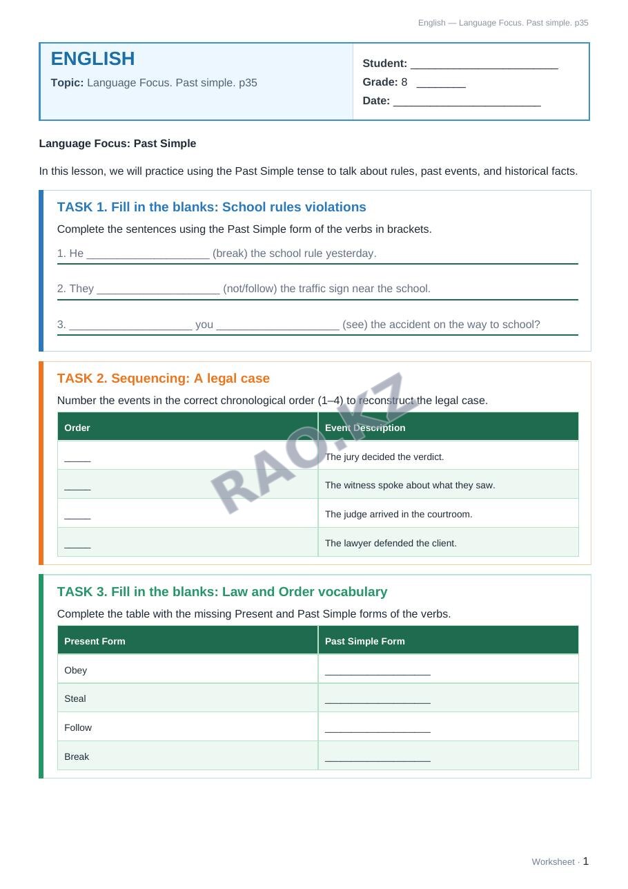 Worksheet English Grade 8 Term 2: Language Focus. Past simple. p35 (lesson 3)