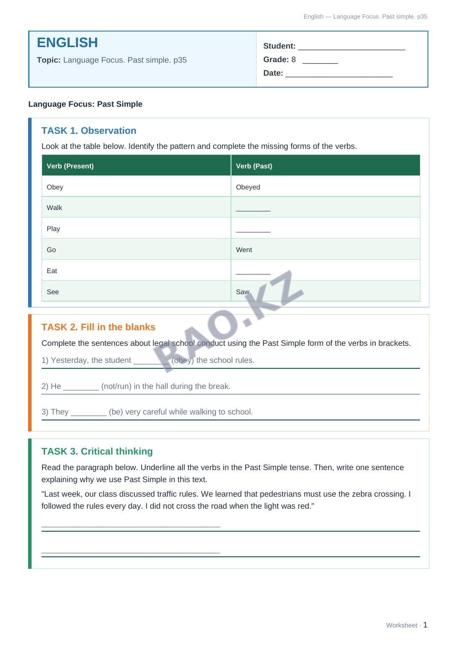 Worksheet English Grade 8 Term 2: Language Focus. Past simple. p35