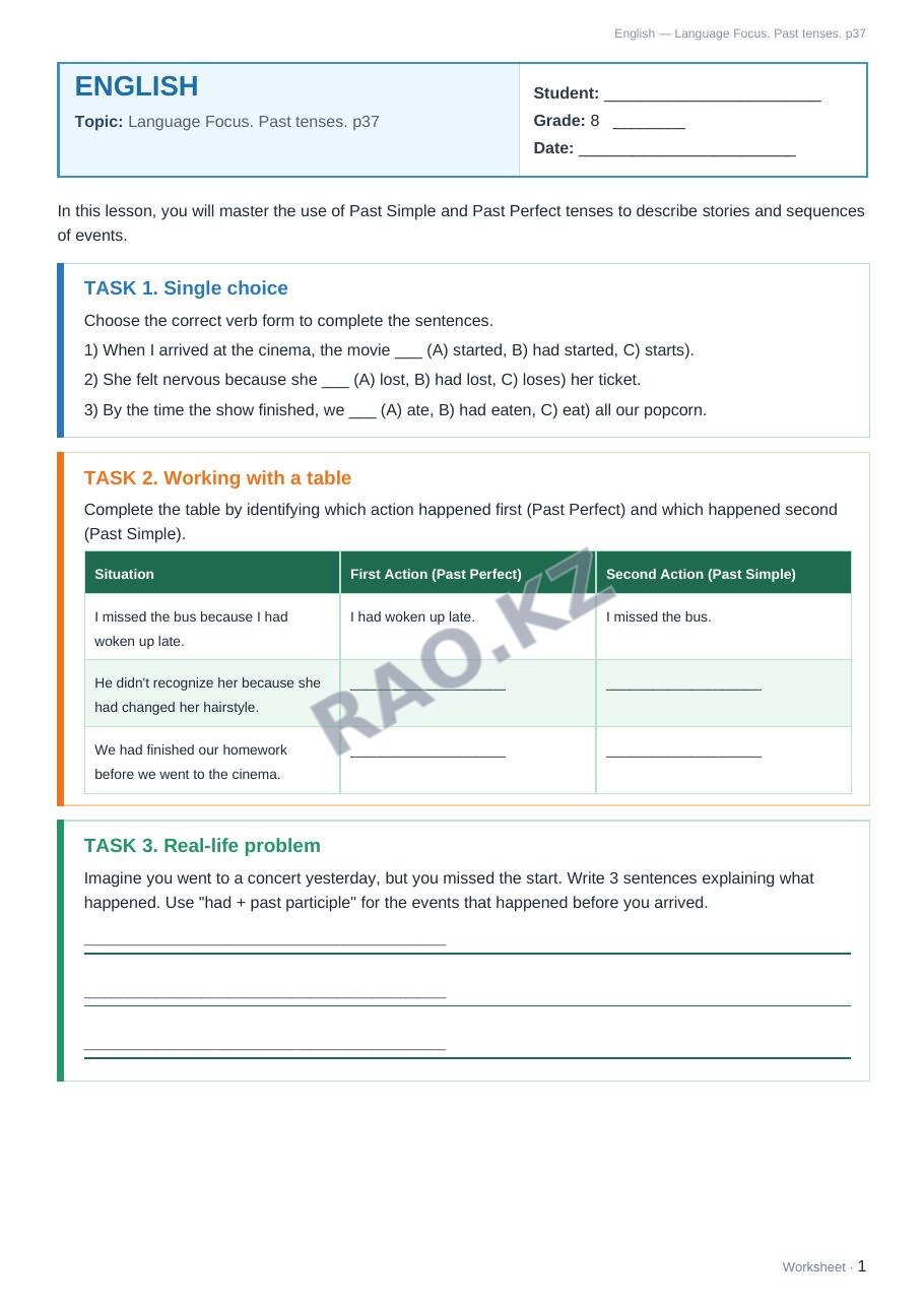 Worksheet English Grade 8 Term 2: Language Focus. Past tenses. p37 (lesson 3)