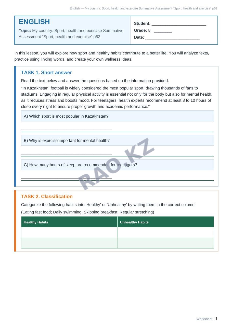 Worksheet English Grade 8 Term 2: My country: Sport, health and exercise Summative Assessment “Sport, health and exercise” p52