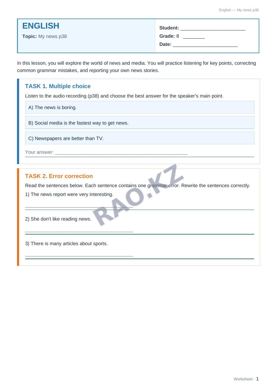 Worksheet English Grade 8 Term 2: My news p38