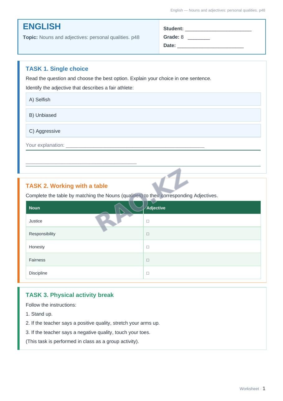 Worksheet English Grade 8 Term 2: Nouns and adjectives: personal qualities. p48