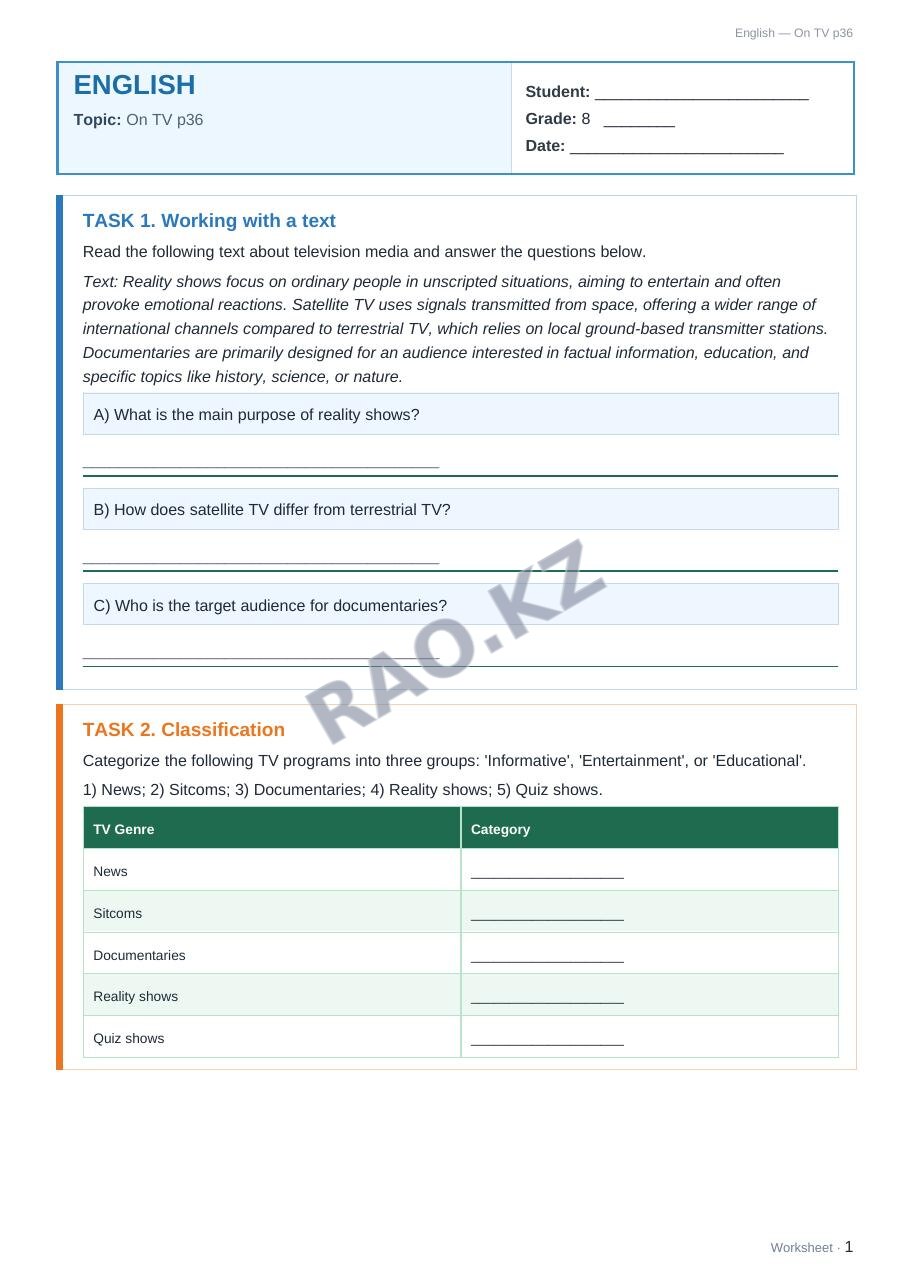 Worksheet English Grade 8 Term 2: On TV p36 (lesson 3)