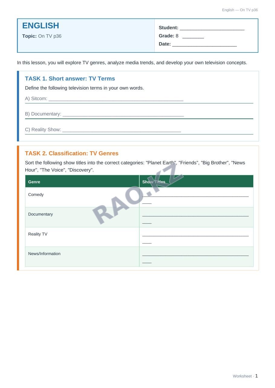 Worksheet English Grade 8 Term 2: On TV p36