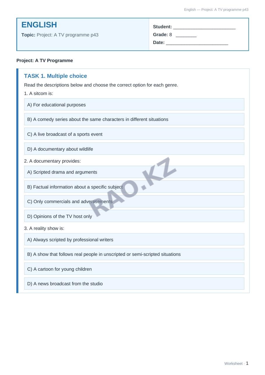 Worksheet English Grade 8 Term 2: Project: A TV programme p43
