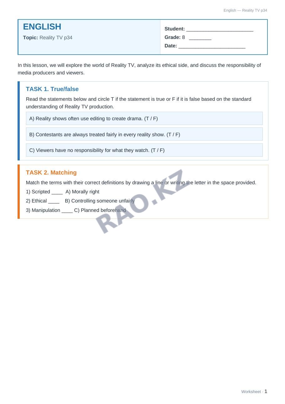 Worksheet English Grade 8 Term 2: Reality TV p34 (lesson 3)