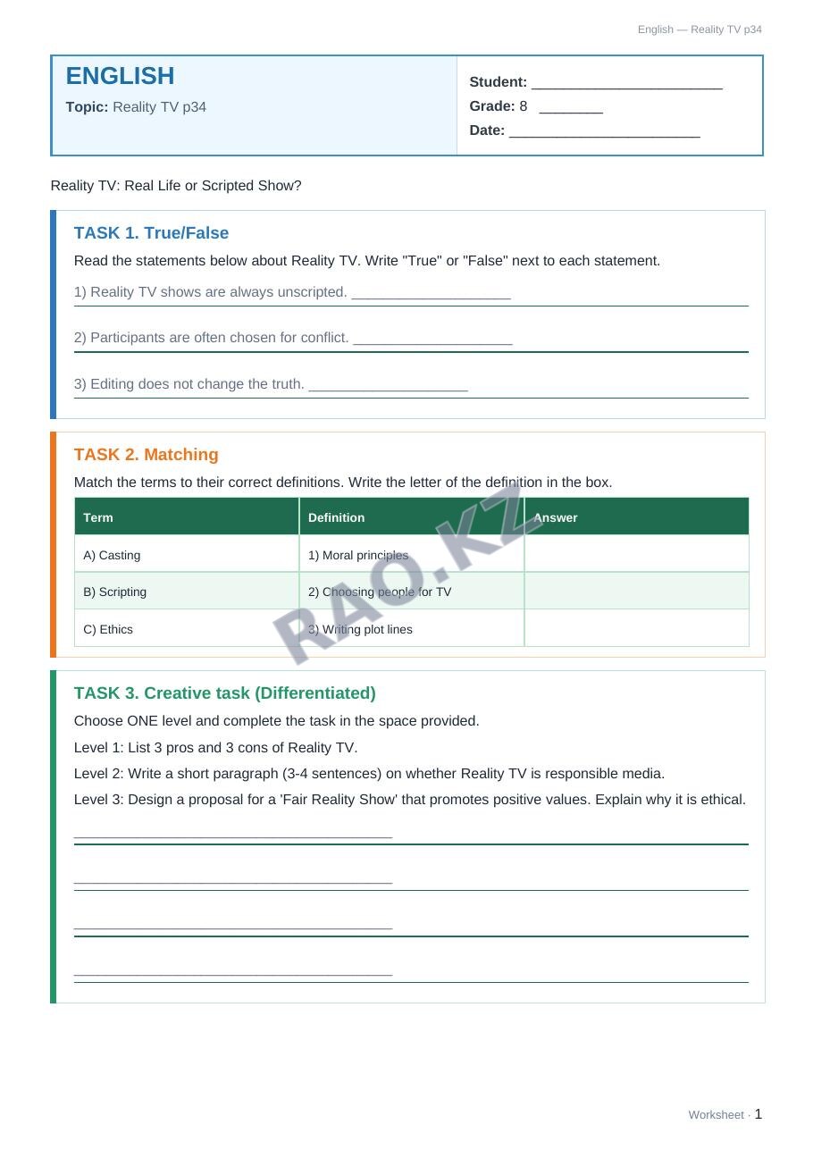 Worksheet English Grade 8 Term 2: Reality TV p34