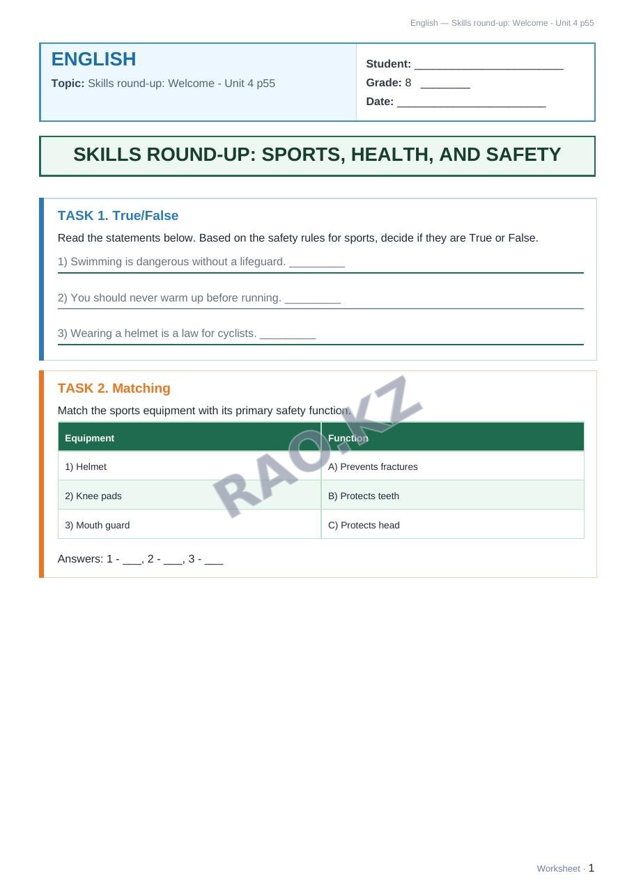 Worksheet English Grade 8 Term 2: Skills round-up: Welcome - Unit 4 p55