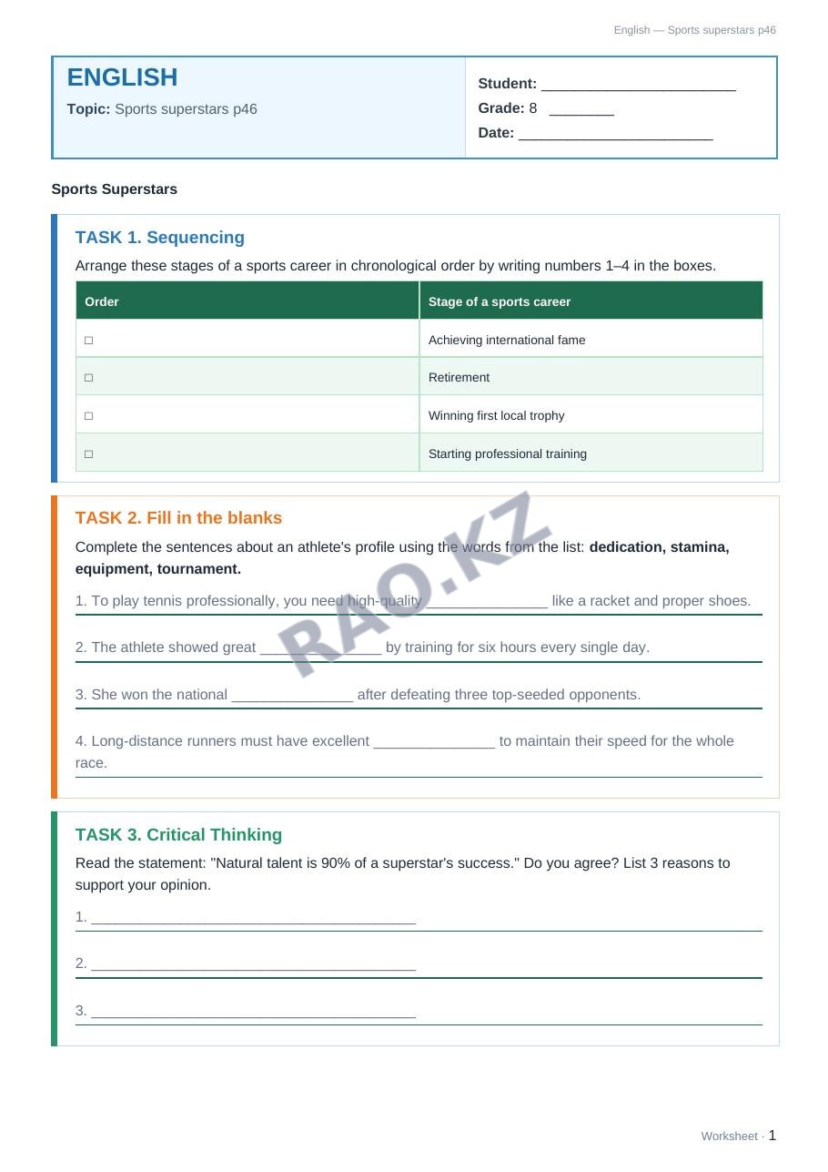 Worksheet English Grade 8 Term 2: Sports superstars p46