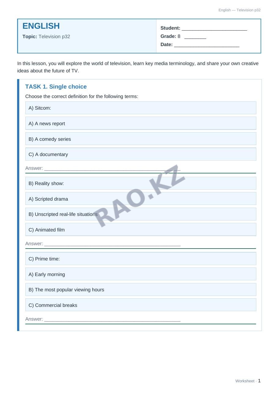 Worksheet English Grade 8 Term 2: Television p32 (lesson 3)