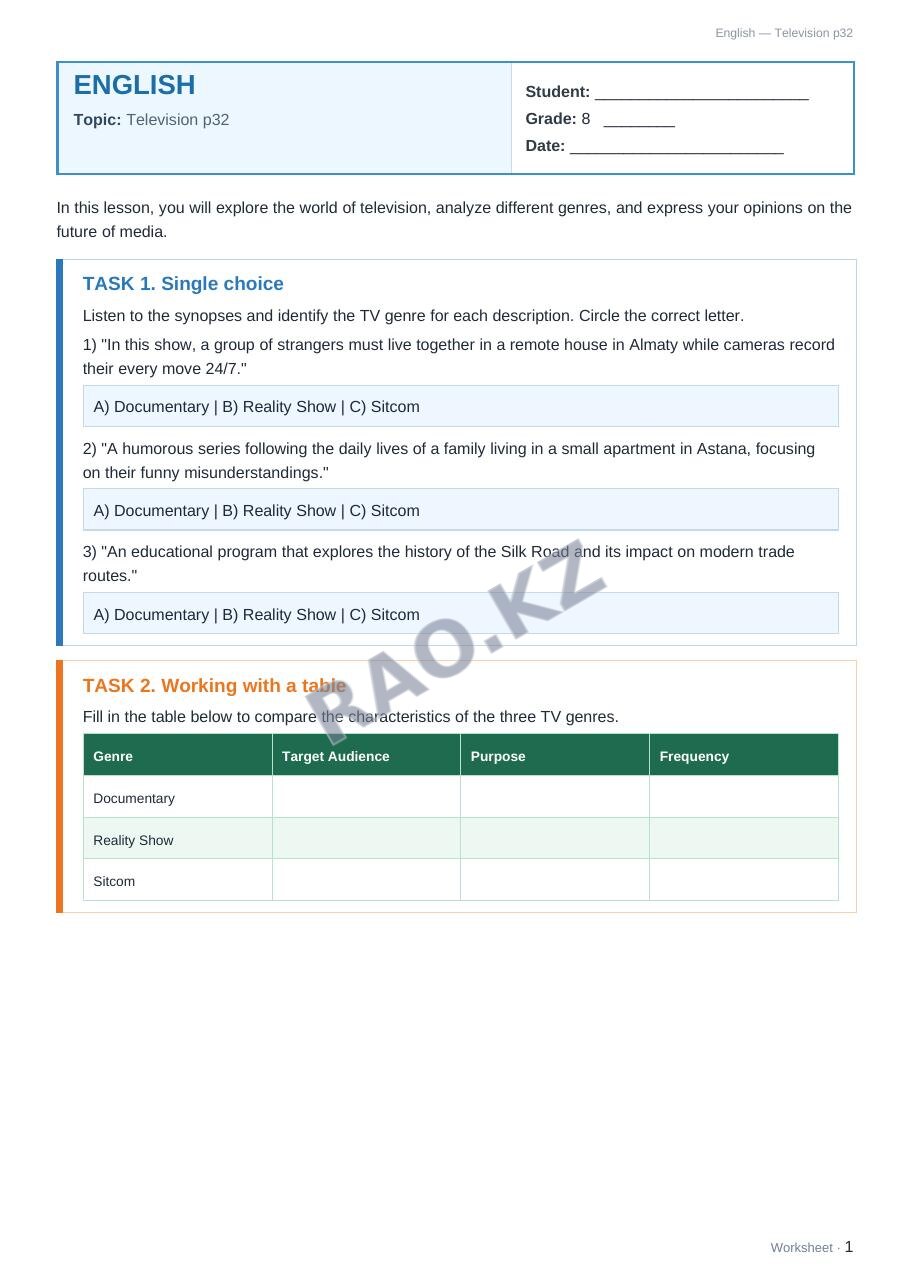 Worksheet English Grade 8 Term 2: Television p32