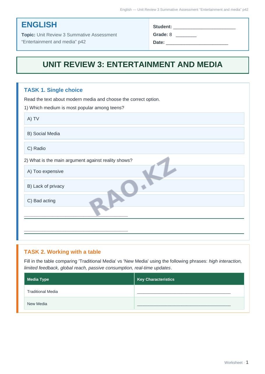 Worksheet English Grade 8 Term 2: Unit Review 3 Summative Assessment “Entertainment and media” p42
