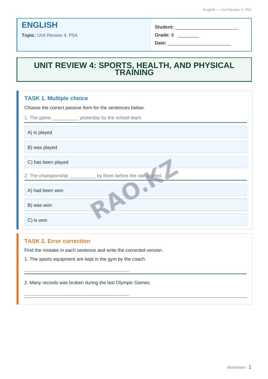 Worksheet English Grade 8 Term 2: Unit Review 4. P54