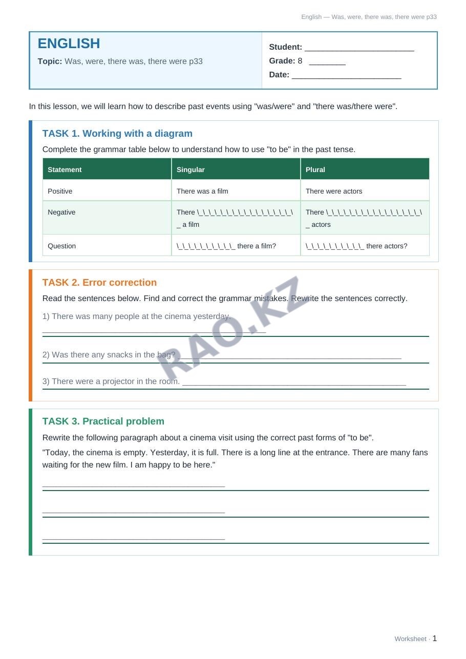 Worksheet English Grade 8 Term 2: Was, were, there was, there were p33 (lesson 3)
