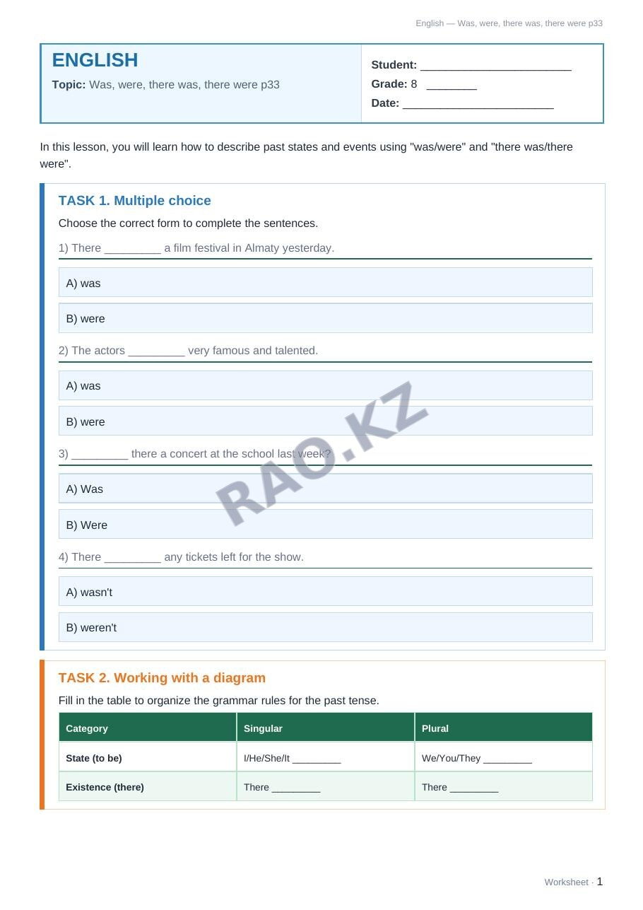 Worksheet English Grade 8 Term 2: Was, were, there was, there were p33