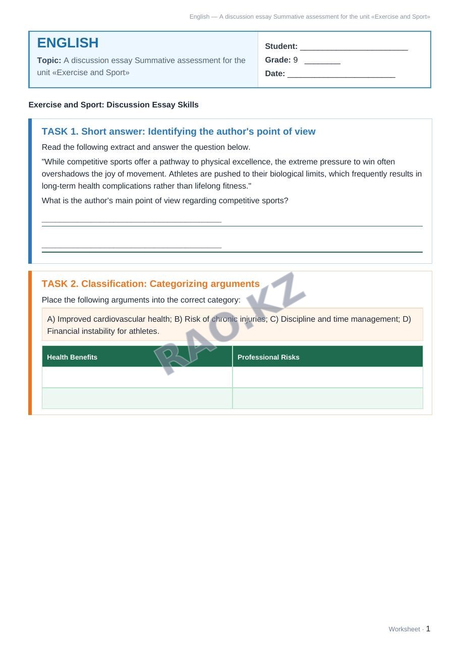 Worksheet English Grade 9 Term 1: A discussion essay Summative assessment for the unit «Exercise and Sport»