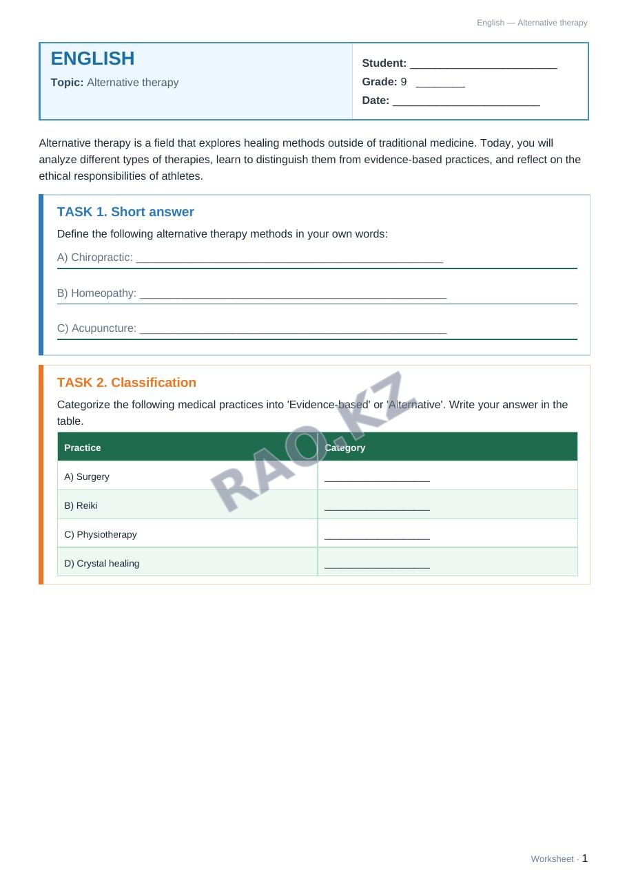 Worksheet English Grade 9 Term 1: Alternative therapy