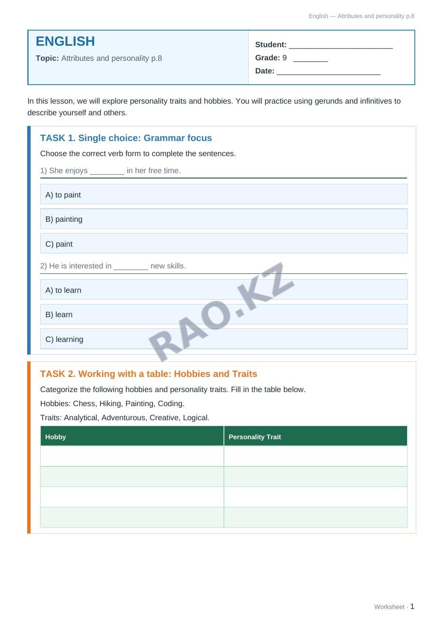Worksheet English Grade 9 Term 1: Attributes and personality p.8