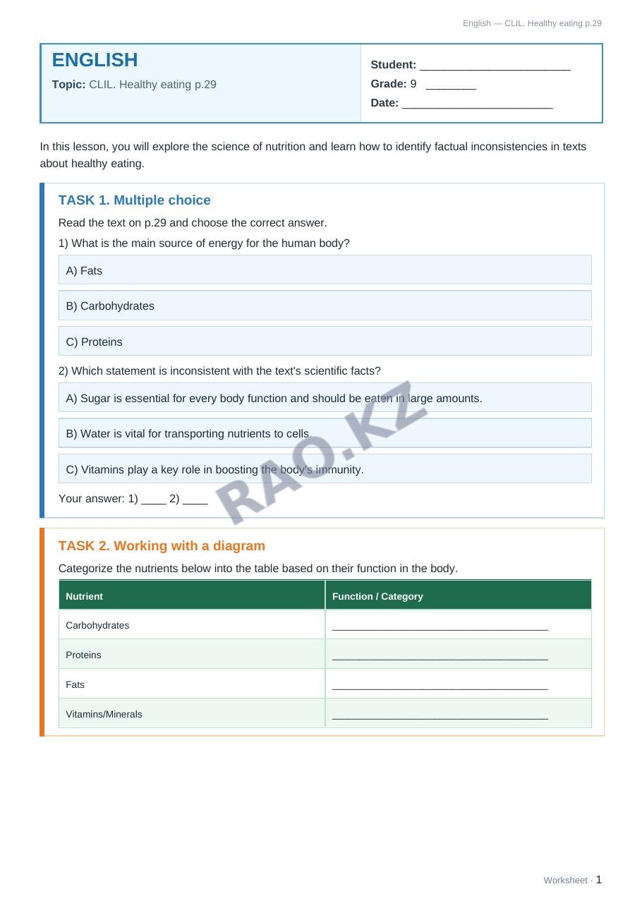Worksheet English Grade 9 Term 1: CLIL. Healthy eating p.29