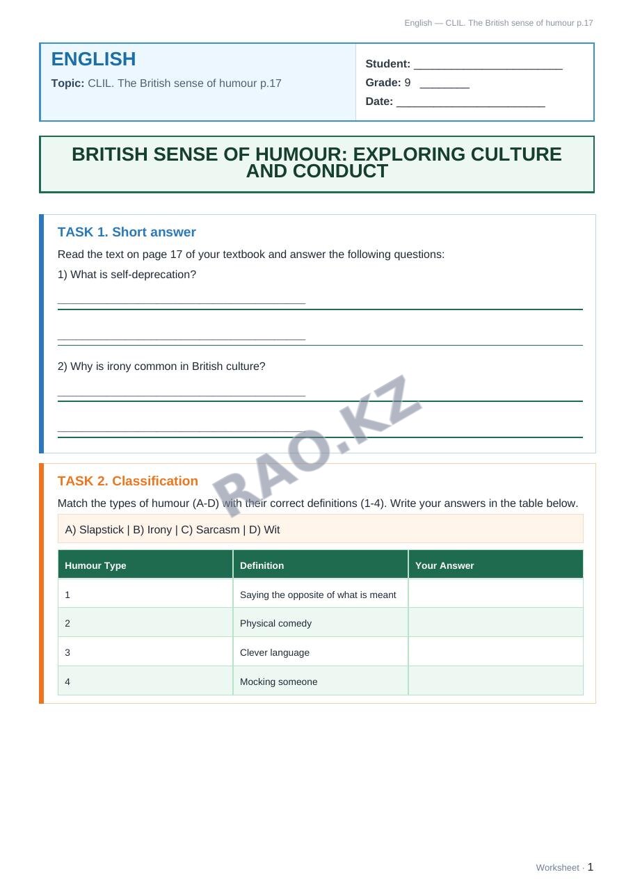 Worksheet English Grade 9 Term 1: CLIL. The British sense of humour p.17