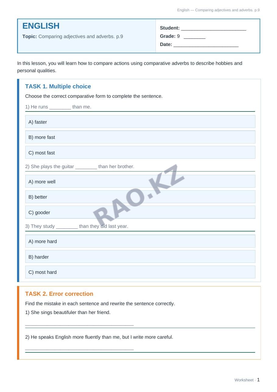 Worksheet English Grade 9 Term 1: Comparing adjectives and adverbs. p.9