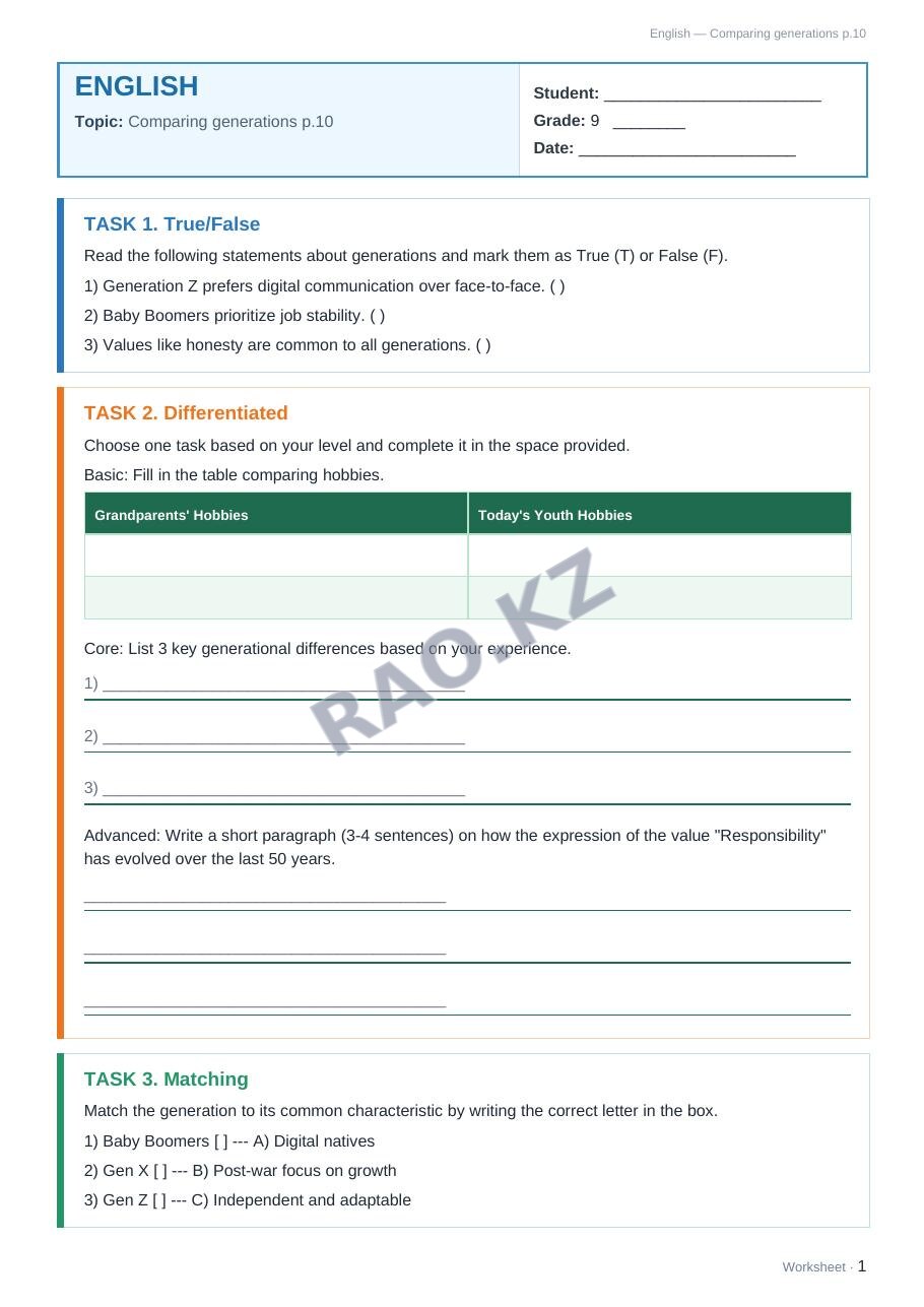 Worksheet English Grade 9 Term 1: Comparing generations p.10