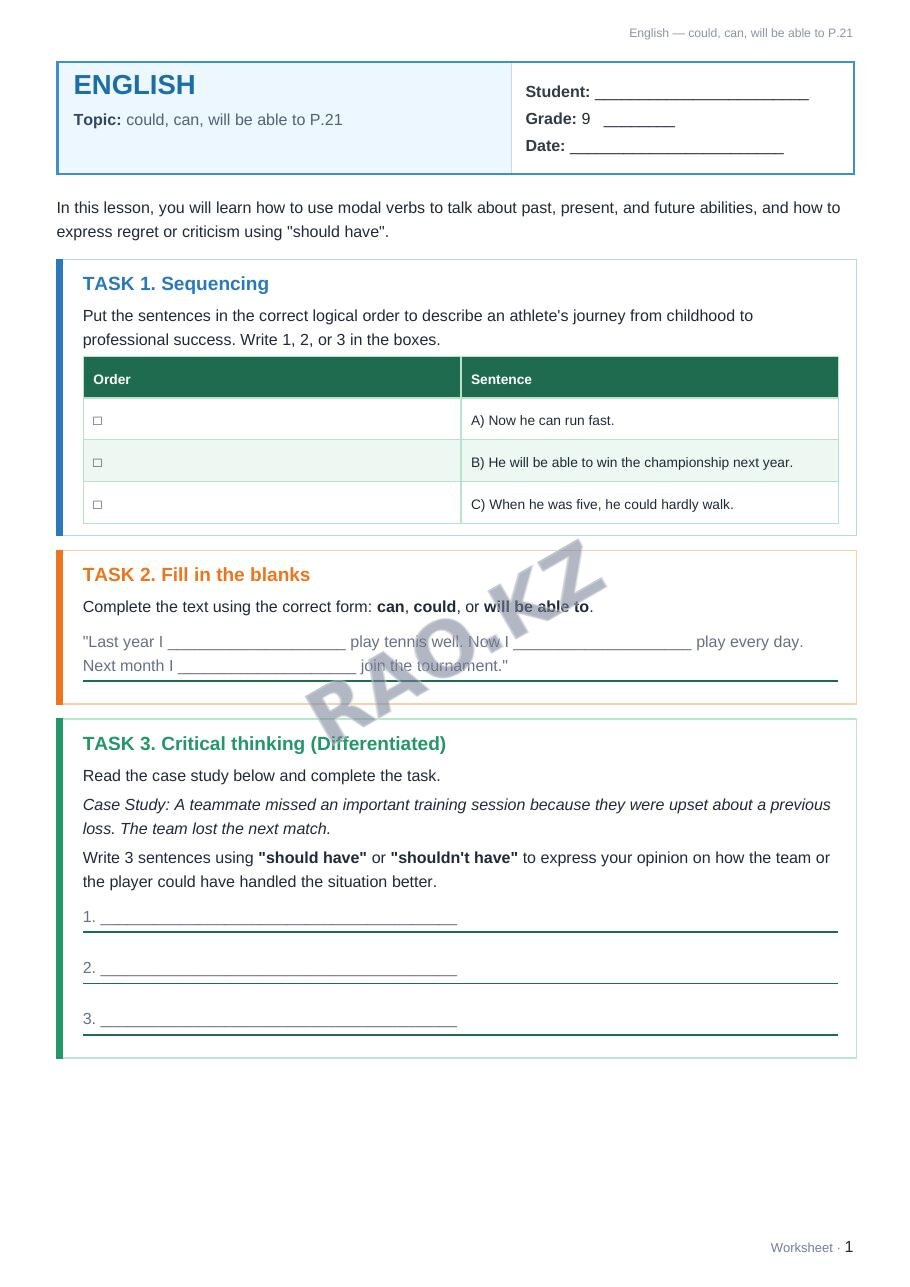 Worksheet English Grade 9 Term 1: could, can, will be able to P.21