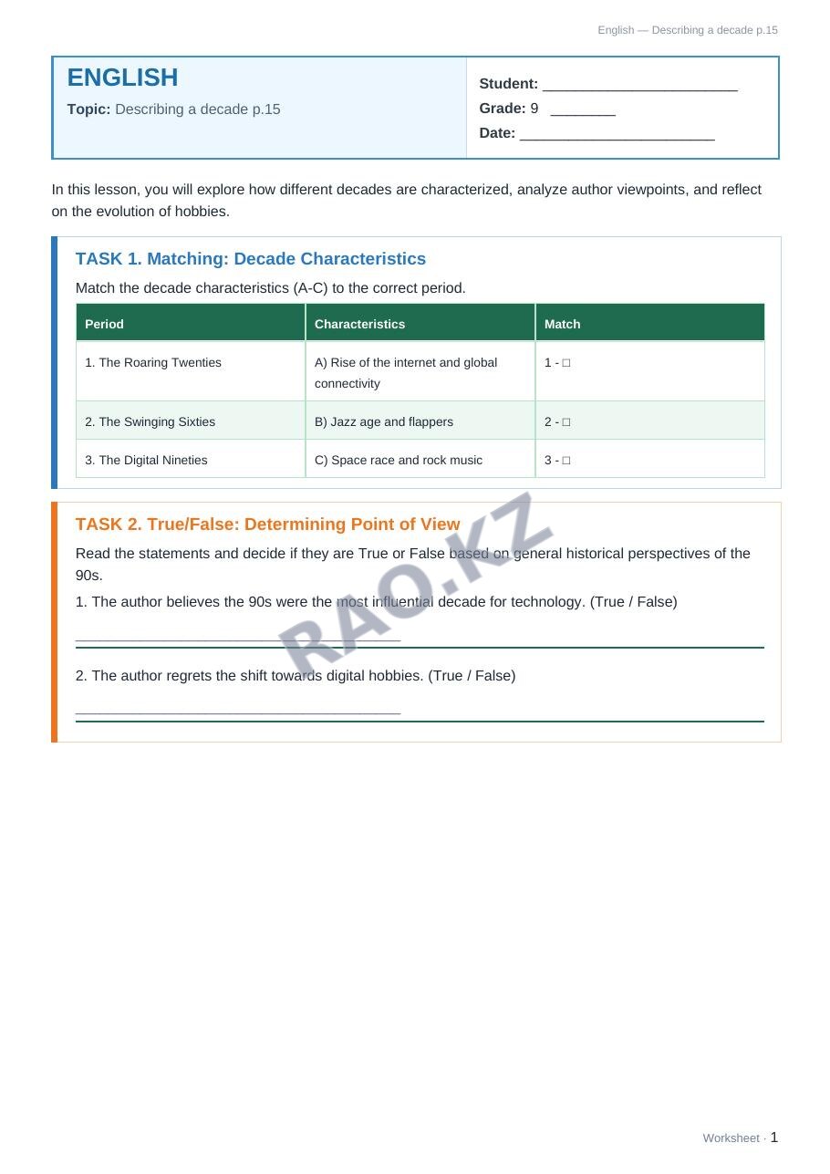 Worksheet English Grade 9 Term 1: Describing a decade p.15