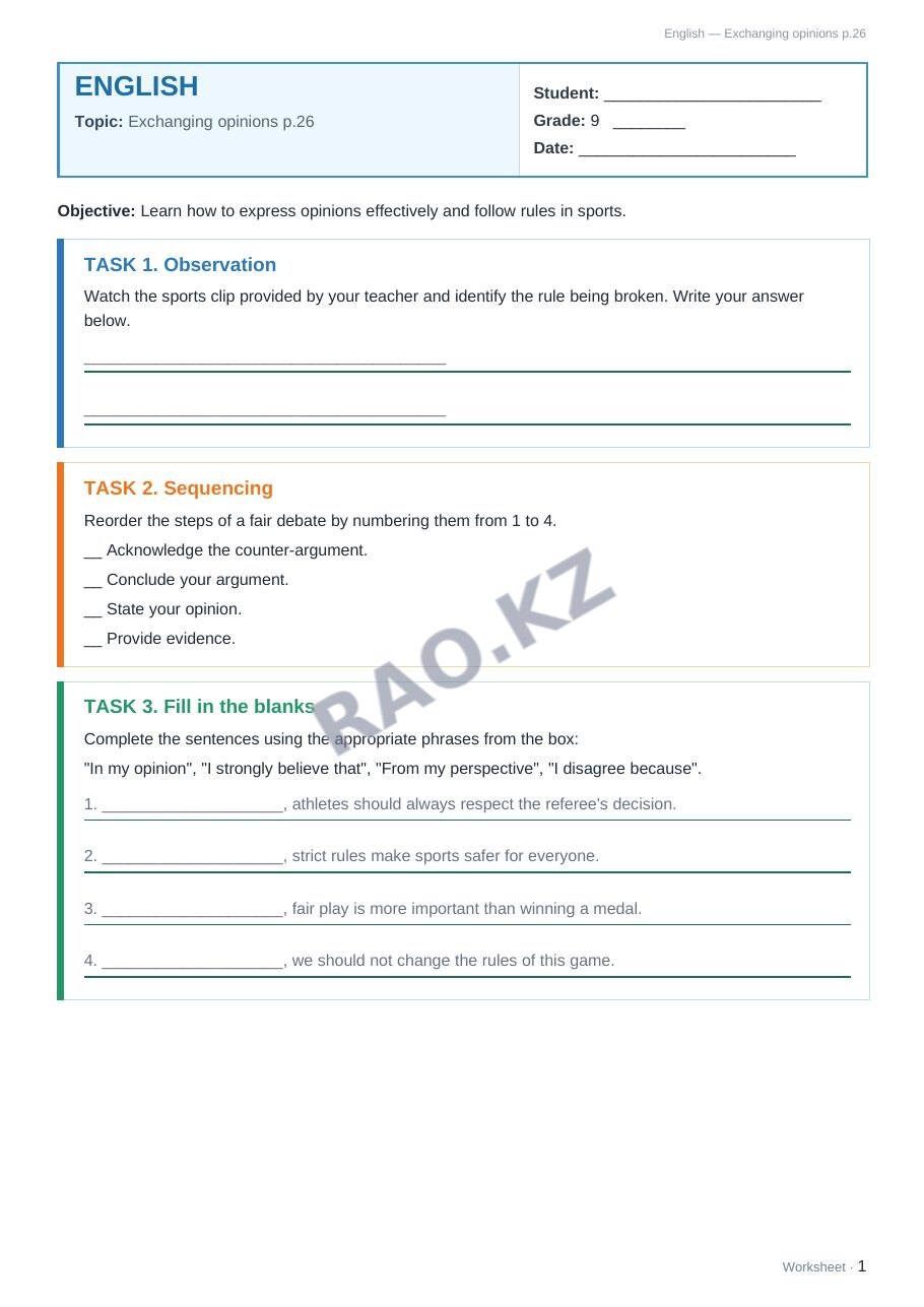 Worksheet English Grade 9 Term 1: Exchanging opinions p.26