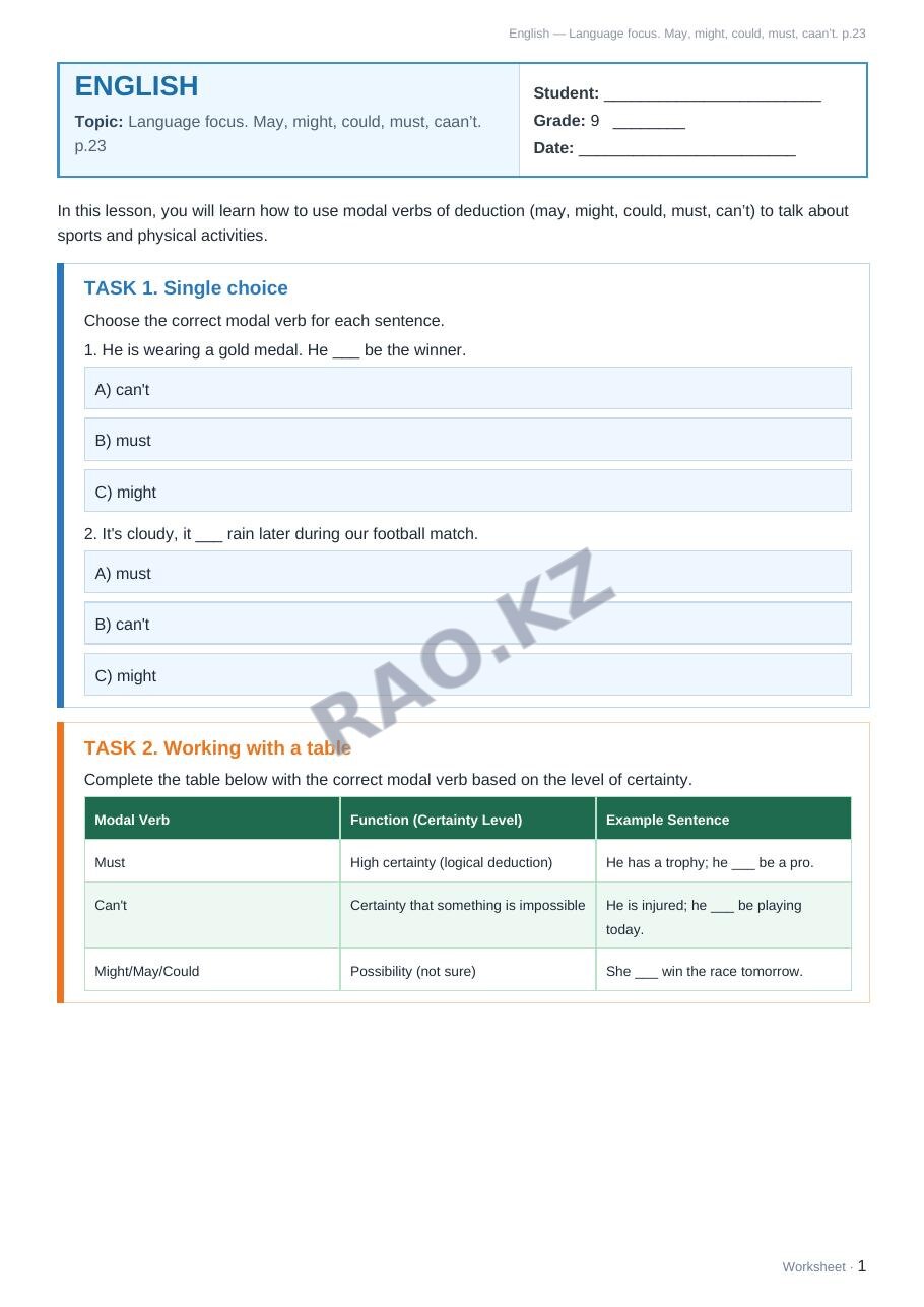 Worksheet English Grade 9 Term 1: Language focus. May, might, could, must, caan’t. p.23