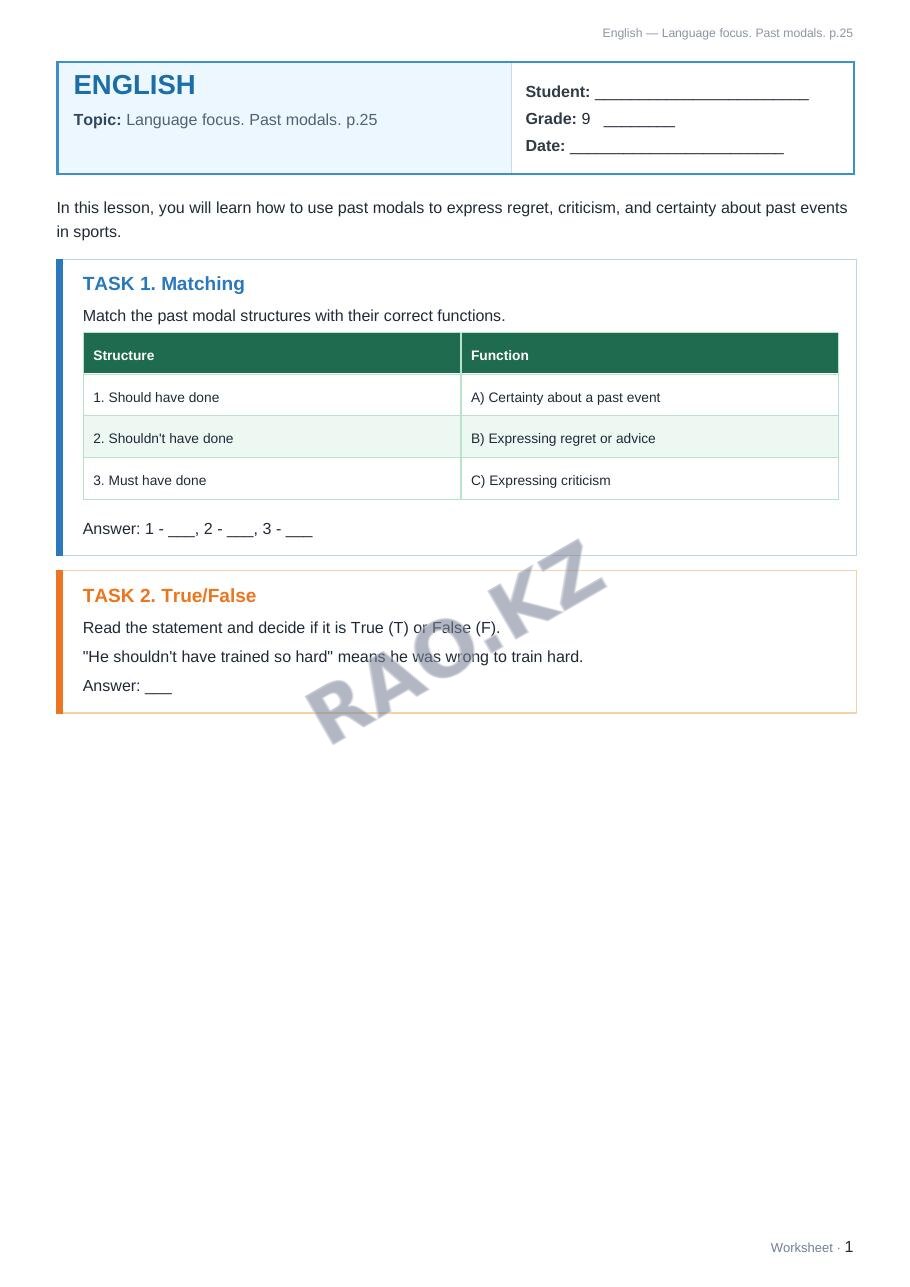 Worksheet English Grade 9 Term 1: Language focus. Past modals. p.25