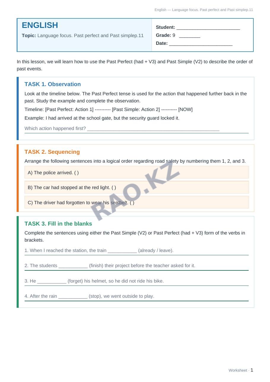 Worksheet English Grade 9 Term 1: Language focus. Past perfect and Past simplep.11