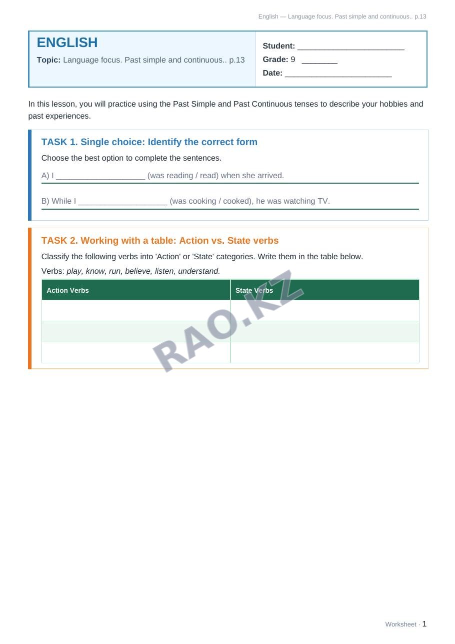 Worksheet English Grade 9 Term 1: Language focus. Past simple and continuous.. p.13