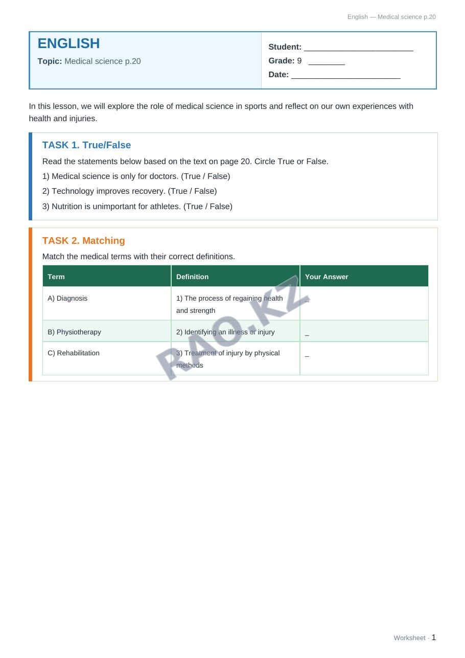Worksheet English Grade 9 Term 1: Medical science p.20