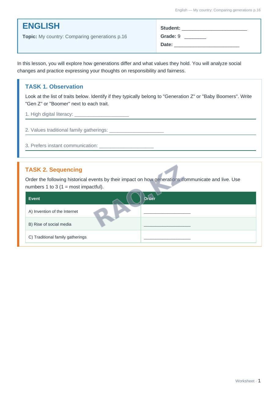 Worksheet English Grade 9 Term 1: My country: Comparing generations p.16