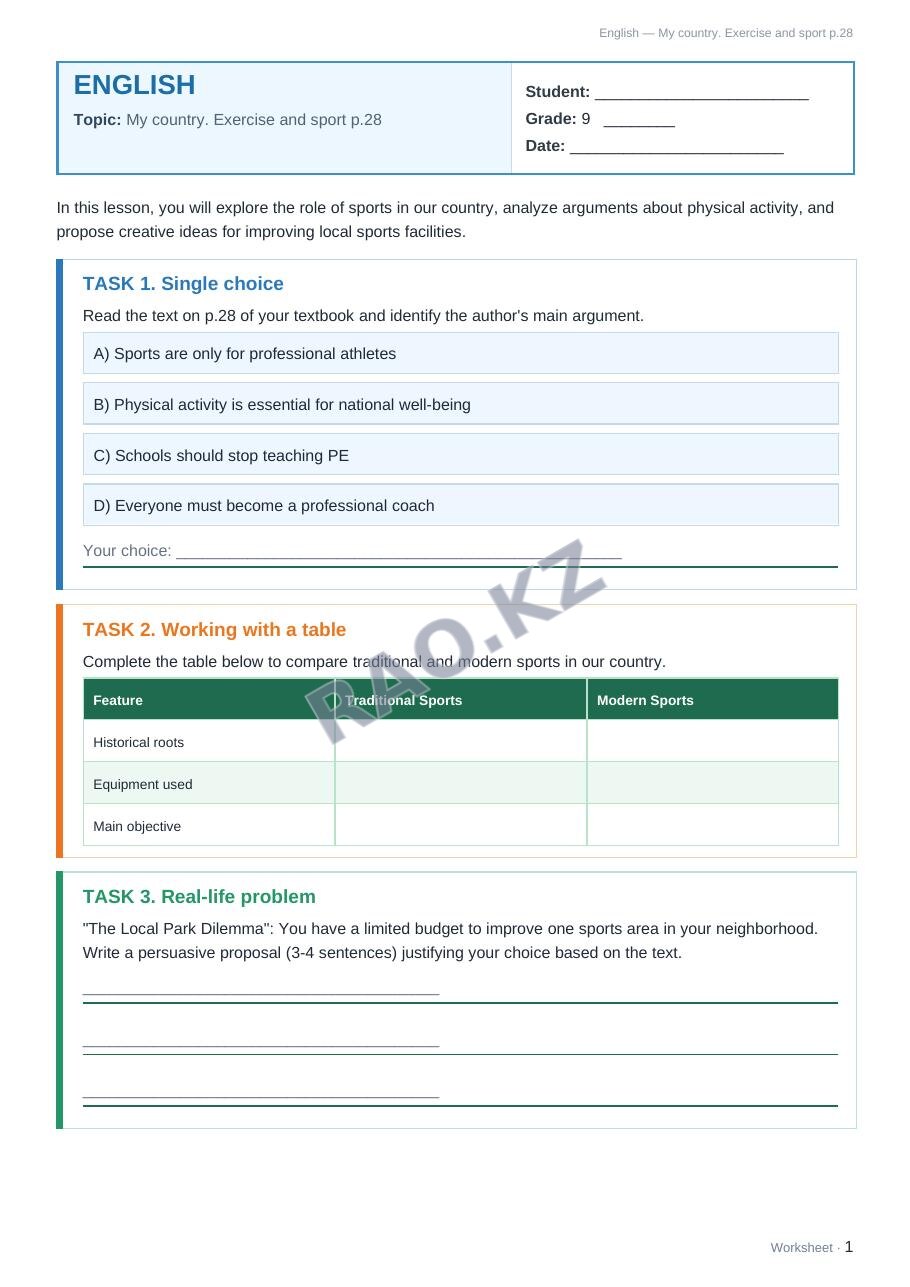 Worksheet English Grade 9 Term 1: My country. Exercise and sport p.28