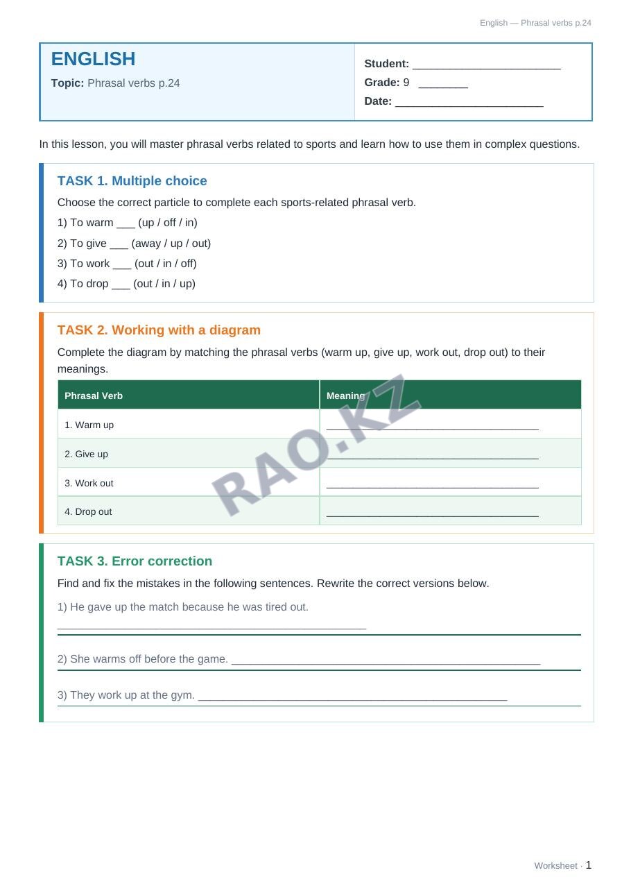 Worksheet English Grade 9 Term 1: Phrasal verbs p.24