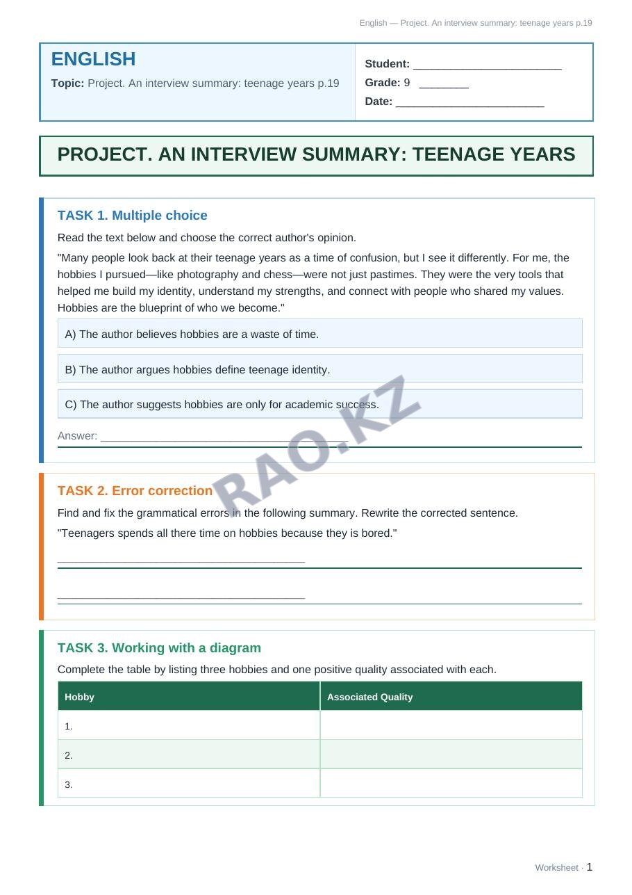 Worksheet English Grade 9 Term 1: Project. An interview summary: teenage years p.19
