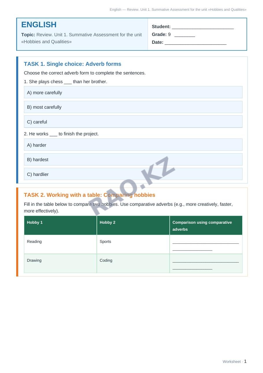 Worksheet English Grade 9 Term 1: Review. Unit 1. Summative Assessment for the unit «Hobbies and Qualities»