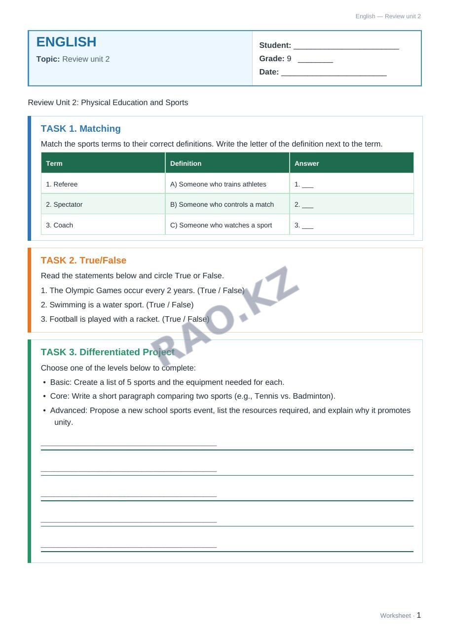 Worksheet English Grade 9 Term 1: Review unit 2