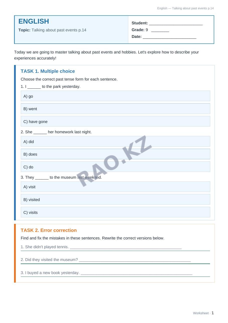 Worksheet English Grade 9 Term 1: Talking about past events p.14