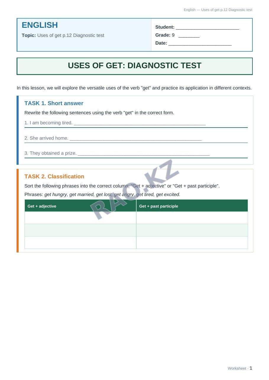 Worksheet English Grade 9 Term 1: Uses of get p.12 Diagnostic test