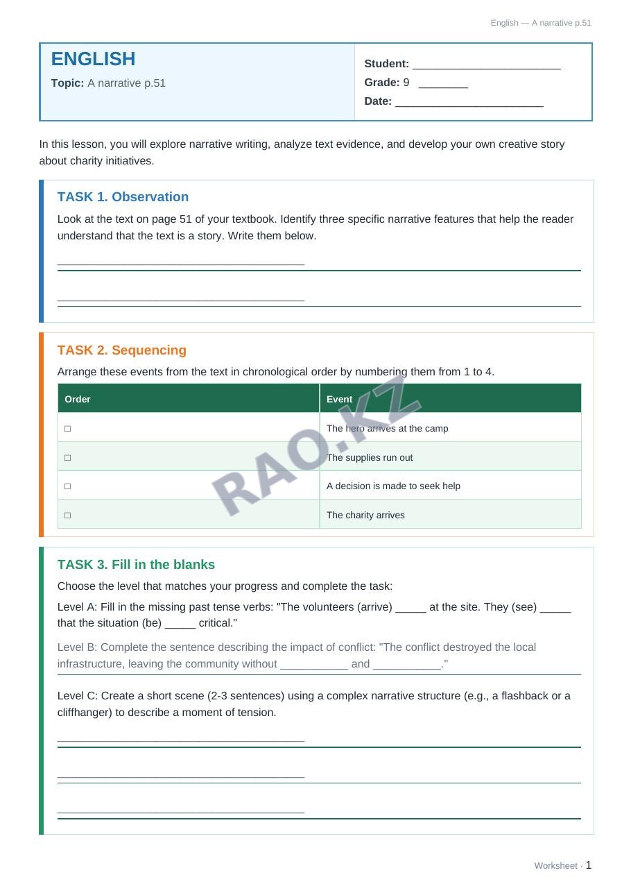 Worksheet English Grade 9 Term 2: A narrative p.51