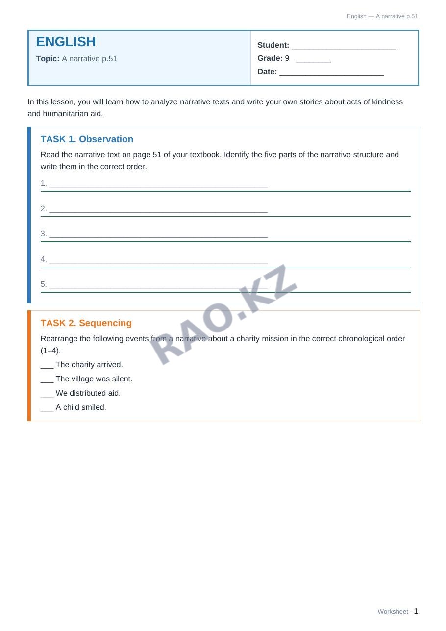 Worksheet English Grade 9 Term 2: A narrative p.51