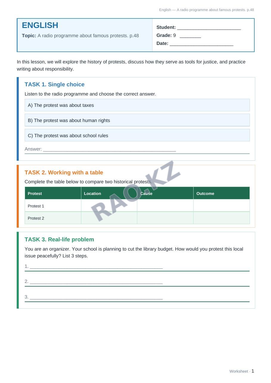Worksheet English Grade 9 Term 2: A radio programme about famous protests. p.48