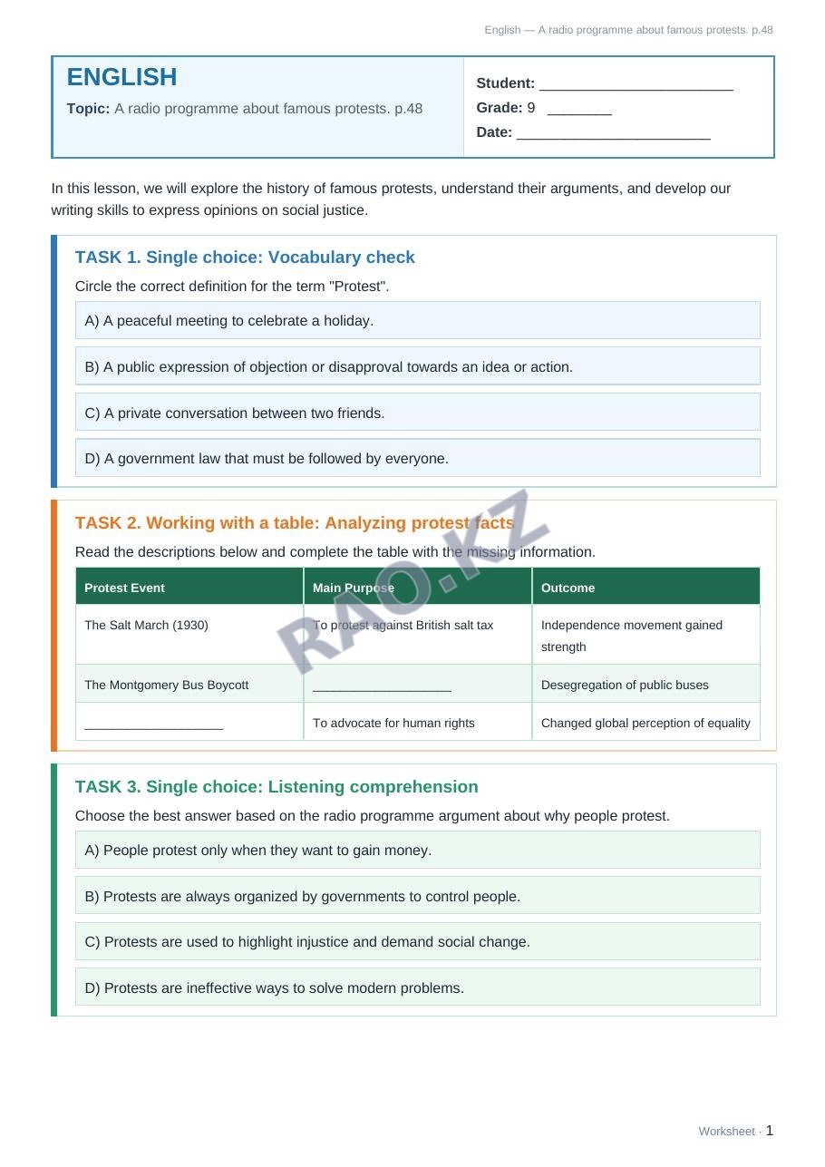 Worksheet English Grade 9 Term 2: A radio programme about famous protests. p.48