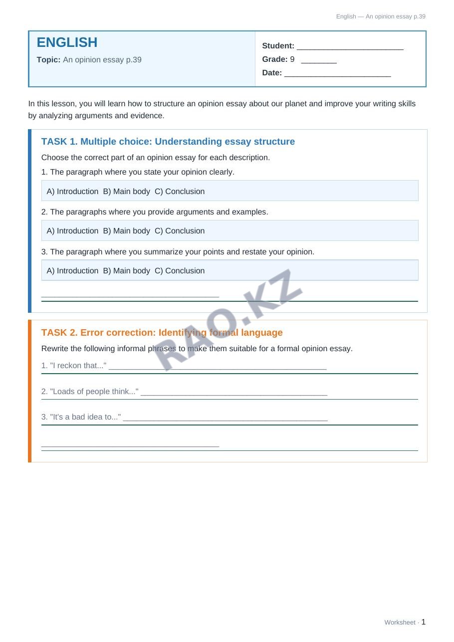 Worksheet English Grade 9 Term 2: An opinion essay p.39
