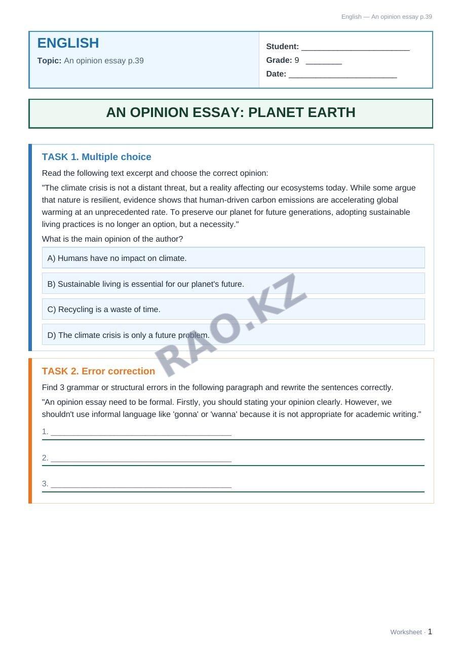 Worksheet English Grade 9 Term 2: An opinion essay p.39
