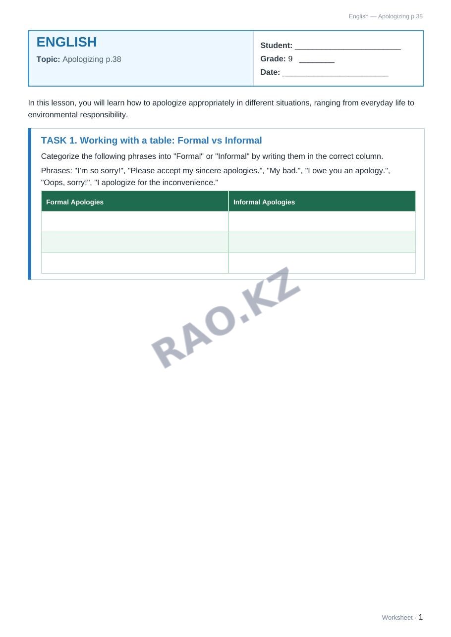Worksheet English Grade 9 Term 2: Apologizing p.38
